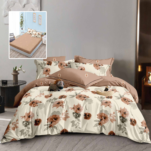 Lenjerii de pat - Lenjerie de pat bumbac finet cappuccino cu flori maro si cearceaf de pat cu elastic