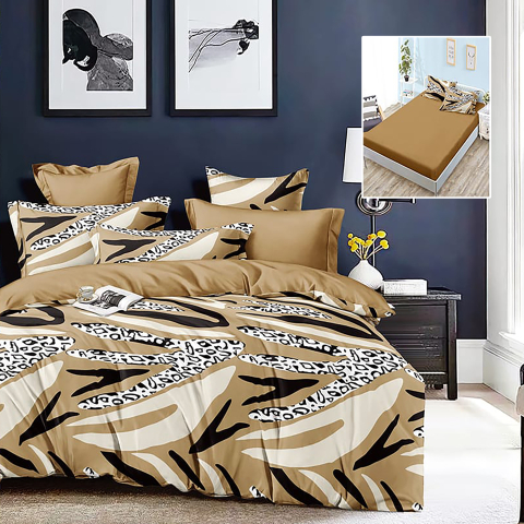 Lenjerii de pat - Lenjerie de pat bumbac finet cappuccino animal print alb-negru si cearceaf de pat cu elastic
