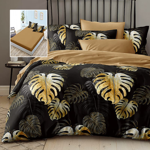 Lenjerii de pat cu frunze - Lenjerie de pat bumbac finet negru cu frunze tropicale aurii si cearceaf de pat cu elastic