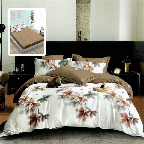 Lenjerii de pat 180x200cm - Lenjerie de pat bumbac finet cappuccino cu flori maro si cearceaf de pat cu elastic