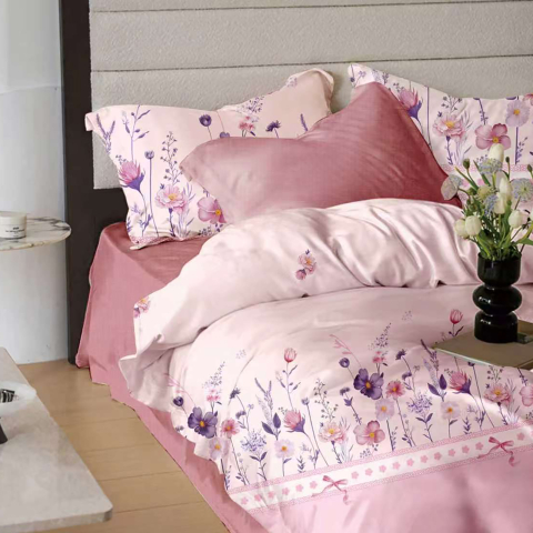 Lenjerii de pat 180x200cm - Lenjerie de pat bumbac finet 6 piese cearceaf elastic roz pudra flori lila