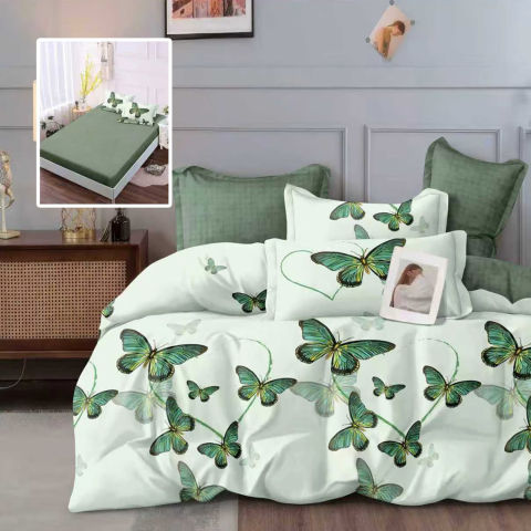 Lenjerii de pat 180x200cm - Lenjerie de pat bumbac finet verde cu fluturi si cearceaf de pat cu elastic