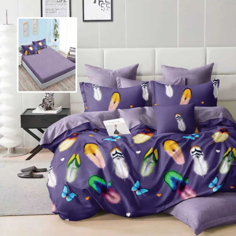 Lenjerii de pat 180x200cm - Lenjerie de pat bumbac finet mov cu pene si fluturi si cearceaf de pat cu elastic