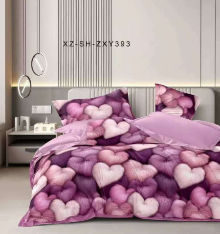 Lenjerii de pat 180x200cm - Lenjerie de pat bumbac finet mov cu inimioare si cearceaf de pat cu elastic
