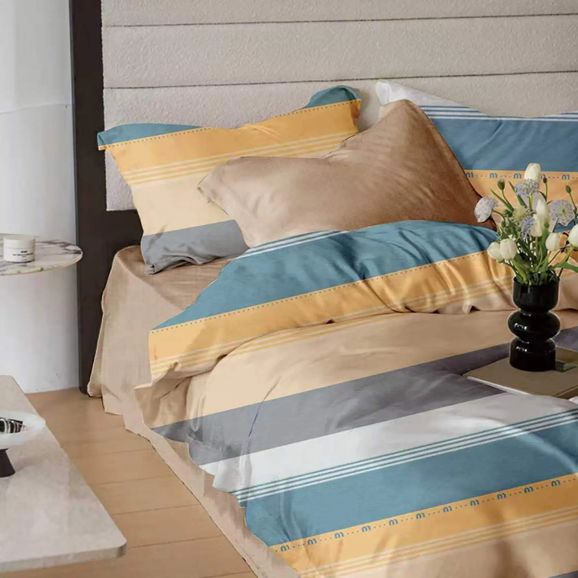 Lenjerii de pat 180x200cm - Lenjerie de pat bumbac finet 6 piese cearceaf elastic multicolor imprimeu geometric cu dungi