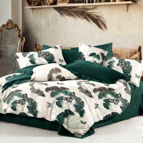 Lenjerii de pat 180x200cm - Lenjerie de pat bumbac finet 6 piese cearceaf de pat cu elastic verde inchis fluturi