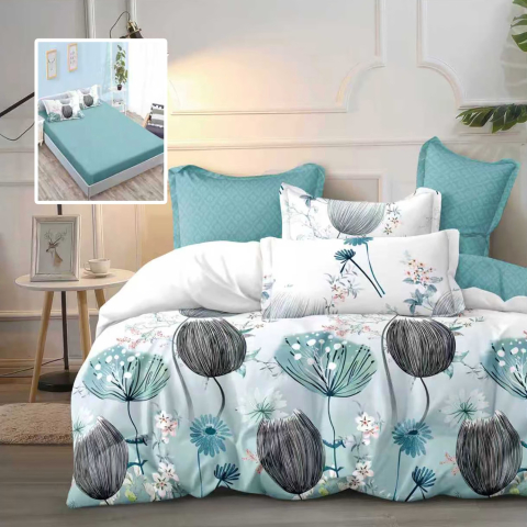 Lenjerii de pat 180x200cm - Lenjerie de pat bumbac finet turcoaz cu flori si cearceaf de pat cu elastic