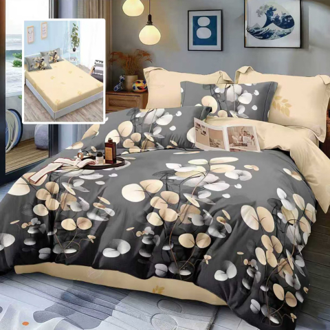 Lenjerii de pat 180x200cm - Lenjerie de pat bumbac finet gri cu frunze si cearceaf de pat cu elastic
