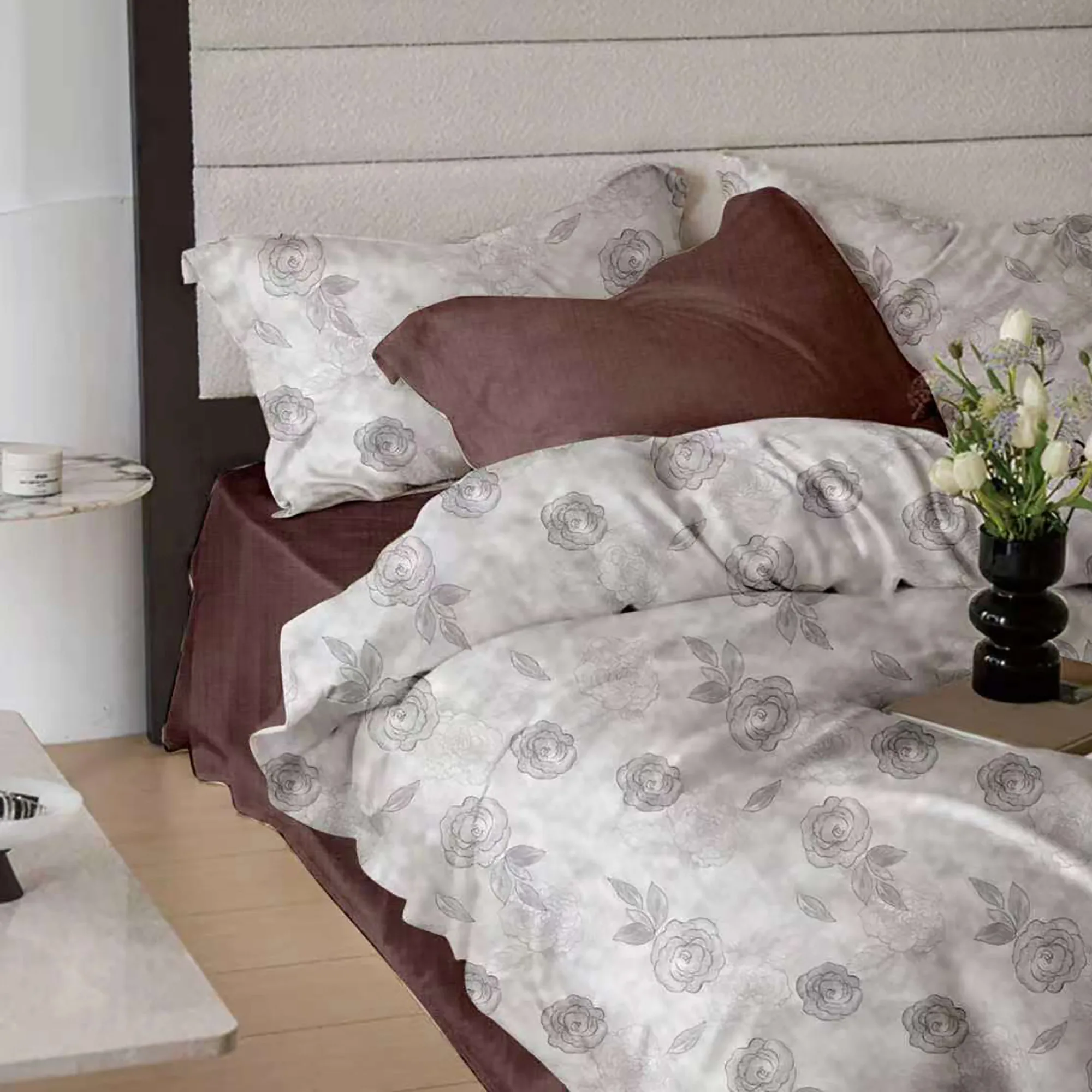 Lenjerii de pat 180x200cm - Lenjerie de pat bumbac finet 6 piese cearceaf elastic gri deschis imprimeu floral cu trandafiri