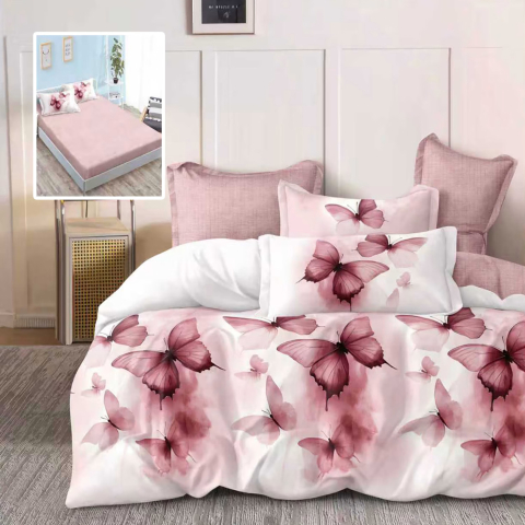 Lenjerii de pat 180x200cm - Lenjerie de pat bumbac finet roz pudra cu fluturi si cearceaf de pat cu elastic