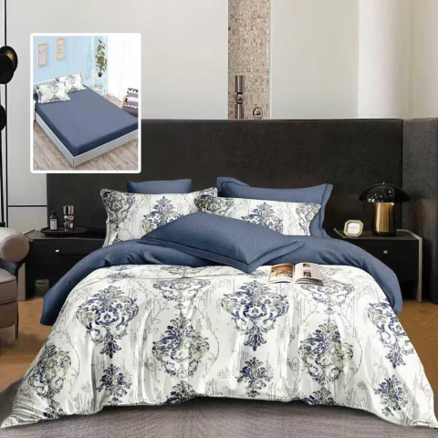 Lenjerii de pat 180x200cm - Lenjerie de pat bumbac finet albastra cu model oriental si cearceaf de pat cu elastic