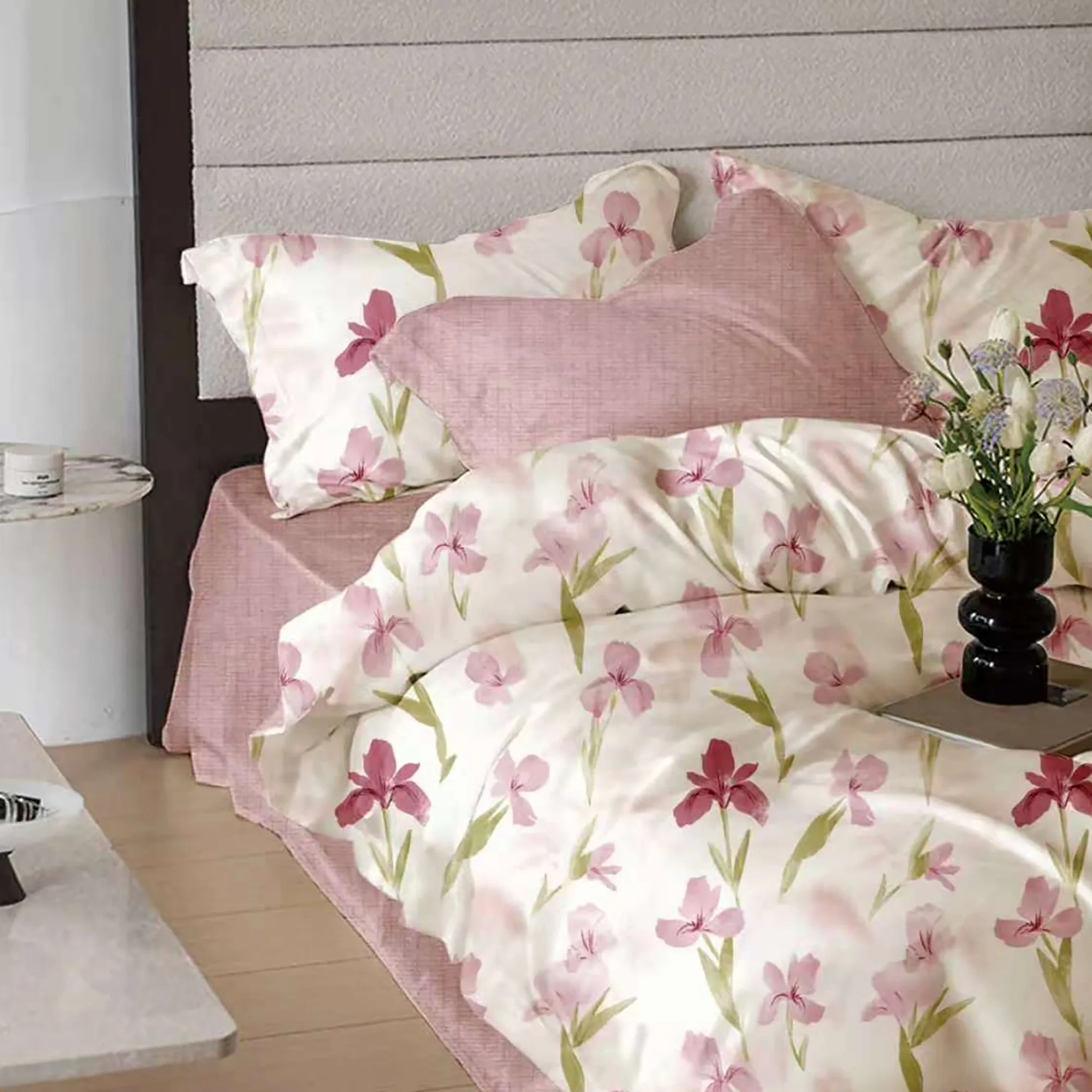 Lenjerii de pat crem - Lenjerie de pat bumbac finet 6 piese cearceaf elastic crem imprimeu floral roz