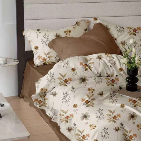 Lenjerii de pat crem - Lenjerie de pat bumbac finet 6 piese cearceaf elastic crem imprimeu floral maro-bej