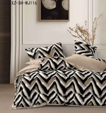 Lenjerii de pat maro - Lenjerie de pat bumbac finet maro cu forme geometrice si cearceaf de pat cu elastic
