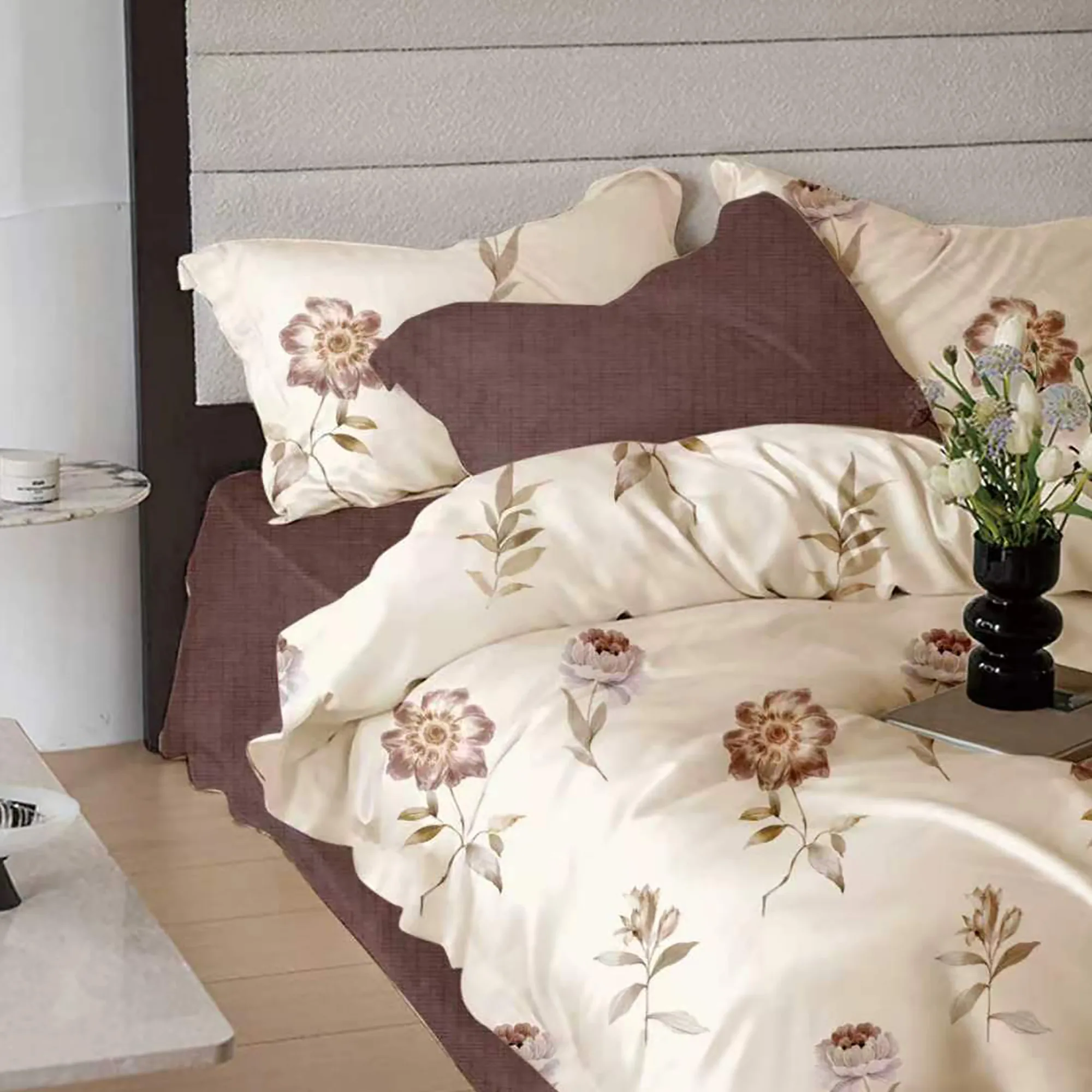 Lenjerii de pat 180x200cm - Lenjerie de pat bumbac finet 6 piese cearceaf elastic cappuccino imprimeu floral maro