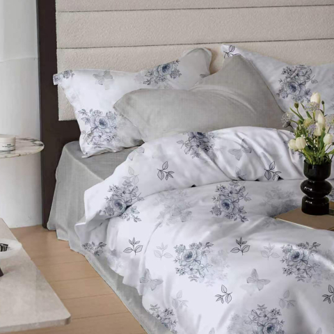 Lenjerii de pat 180x200cm - Lenjerie de pat bumbac finet 6 piese cearceaf elastic gri deschis flori albastru gri
