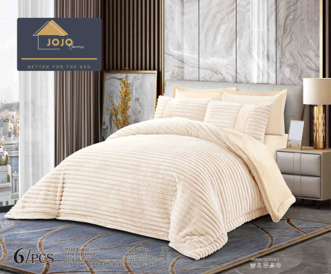 Lenjerii de pat catifea - Lenjerie pat cu pilota inclusa din catifea si blanita artificiala de iepure,cearceaf cu elastic,crem- A1216