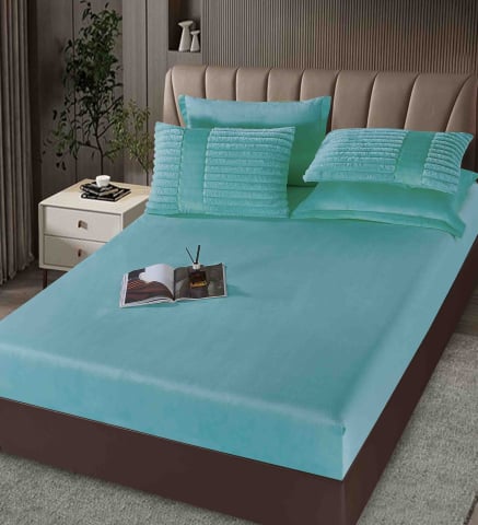 Lenjerie pat cu pilota inclusa din catifea si blanita artificiala de iepure,cearceaf cu elastic,bleu- A1215 [3]