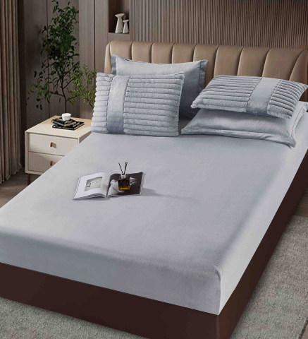 Lenjerie pat cu pilota inclusa din catifea si blanita artificiala de iepure,cearceaf cu elastic,gri deschis- A1218 [3]