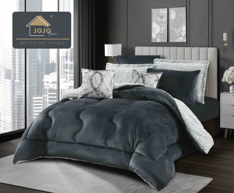 Lenjerii de pat catifea - Lenjerie pat cu pilota inclusa din catifea si blanita artificiala de iepure cu doua fete,cearceaf cu elastic,gri inchis+alb - A1205