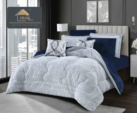 Lenjerie pat cu pilota inclusa din catifea si blanita artificiala de iepure cu doua fete,cearceaf cu elastic,bleumarin+alb - A1204 [1]