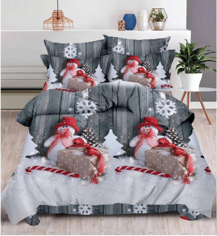 Lenjerie pat de Craciun cu elastic,pat dublu,bumbac finet,6 piese,gri cu om de zapada-A638 [0]
