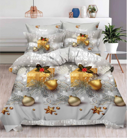 Lenjerie pat de Craciun cu elastic,pat dublu,bumbac finet,6 piese,gri deschis cu cadouri-A644 [0]