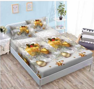 Lenjerie pat de Craciun cu elastic,pat dublu,bumbac finet,6 piese,gri deschis cu cadouri-A644 [2]