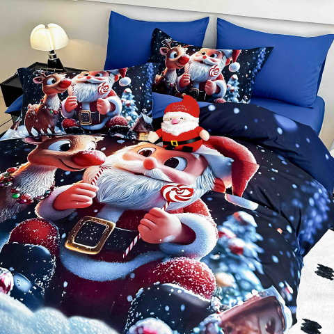 Lenjerie pat de Craciun cu elastic,pat dublu,bumbac finet,6 piese, imprimeu 5D Mos Craciun si reni, albastru intens-A1187 [2]