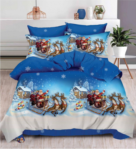 Lenjerie pat de Craciun cu elastic,pat dublu,bumbac finet,6 piese,albastra cu Mos Craciun-A643 [0]