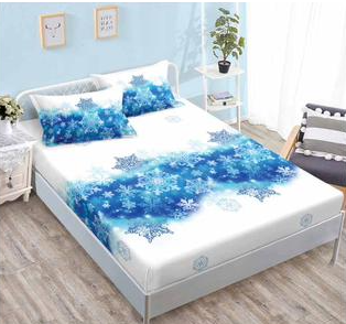 Lenjerie pat de Craciun cu elastic,pat dublu,bumbac finet,6 piese,alba cu fulgi de zapada-A639 [2]