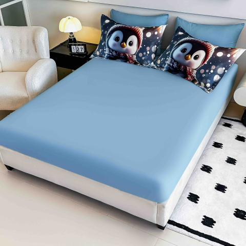 Lenjerie pat de Craciun cu elastic,pat dublu,bumbac finet,6 piese, imprimeu 5D pinguin cu fular rosu,albastra-A1191 [3]