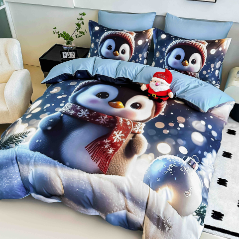 Lenjerie pat de Craciun cu elastic,pat dublu,bumbac finet,6 piese, imprimeu 5D pinguin cu fular rosu,albastra-A1191 [2]