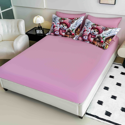 Lenjerie pat de Craciun cu elastic,pat dublu,bumbac finet,6 piese, imprimeu 5D ren cu caciula roz si felinar,roz-A1194 [3]