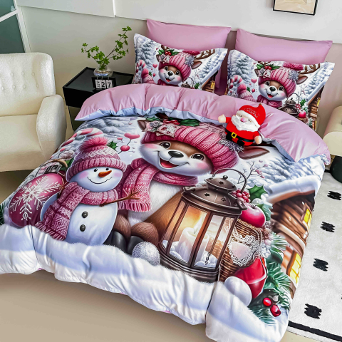 Lenjerie pat de Craciun cu elastic,pat dublu,bumbac finet,6 piese, imprimeu 5D ren cu caciula roz si felinar,roz-A1194 [2]