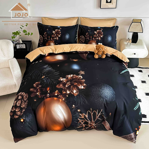 Lenjerii de pat bumbac finet - Lenjerie pat de Craciun cu elastic,pat dublu,bumbac finet,6 piese, imprimeu 5D globuri si conuri aurii-A1241