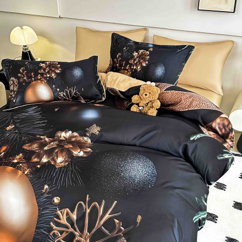 Lenjerie pat de Craciun cu elastic,pat dublu,bumbac finet,6 piese, imprimeu 5D globuri si conuri aurii-A1241 [2]