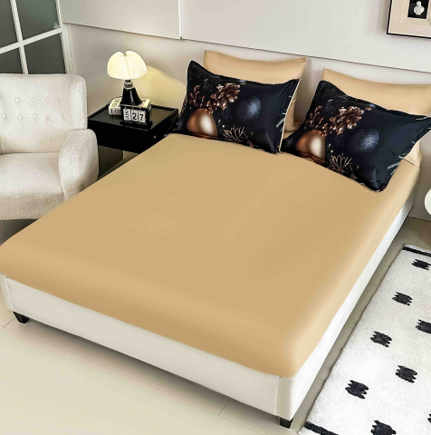 Lenjerie pat de Craciun cu elastic,pat dublu,bumbac finet,6 piese, imprimeu 5D globuri si conuri aurii-A1241 [3]