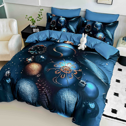 Lenjerie pat de Craciun cu elastic,pat dublu,bumbac finet,6 piese, imprimeu 5D globuri albastre si conuri de brad,albastra-A1193 [2]