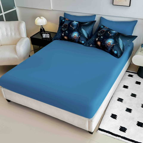 Lenjerie pat de Craciun cu elastic,pat dublu,bumbac finet,6 piese, imprimeu 5D globuri albastre si conuri de brad,albastra-A1193 [3]