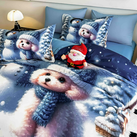 Lenjerie pat de Craciun cu elastic,pat dublu,bumbac finet,6 piese, imprimeu 5D catelus cu om de zapada,albastra-A1190 [1]