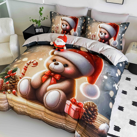 Lenjerie pat de Craciun cu elastic,pat dublu,bumbac finet,6 piese, imprimeu 5D Mos Craciun si ursulet, gri deschis-A1188 [2]