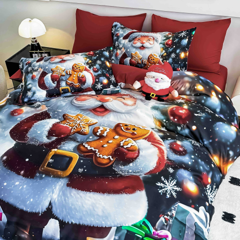 Lenjerie pat de Craciun cu elastic,pat dublu,bumbac finet,6 piese, imprimeu 5D Mos Craciun cu turta dulce, rosie-A1189 [1]