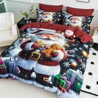 Lenjerie pat de Craciun cu elastic,pat dublu,bumbac finet,6 piese, imprimeu 5D Mos Craciun cu turta dulce, rosie-A1189 [2]