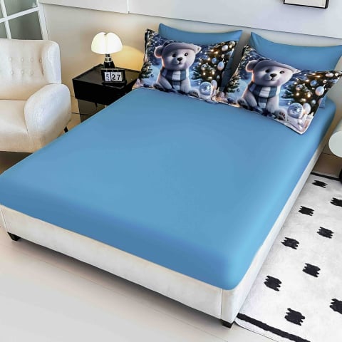 Lenjerie pat de Craciun cu elastic,pat dublu,bumbac finet,6 piese, imprimeu 5D ursulet polar cu globuri-A1199 [3]