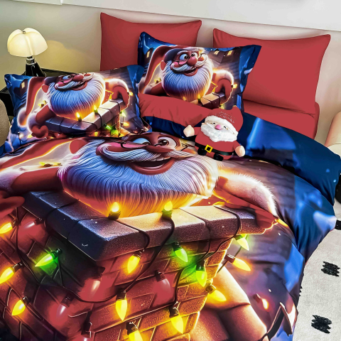 Lenjerie pat de Craciun cu elastic,pat dublu,bumbac finet,6 piese, imprimeu 5D Mos Craciun cu instalatie colorata,rosie-A1192 [1]