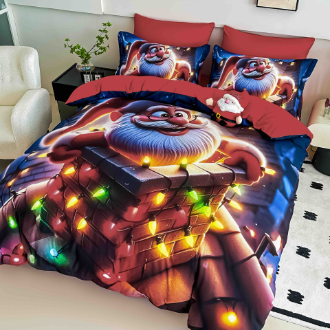 Lenjerie pat de Craciun cu elastic,pat dublu,bumbac finet,6 piese, imprimeu 5D Mos Craciun cu instalatie colorata,rosie-A1192 [2]