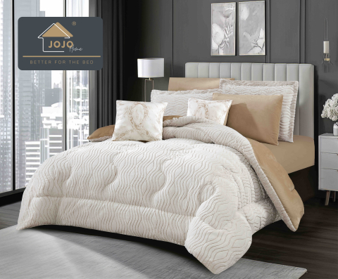 Lenjerie pat cu pilota inclusa din catifea si blanita artificiala de iepure cu doua fete,cearceaf cu elastic,bej+crem - A1201 [1]