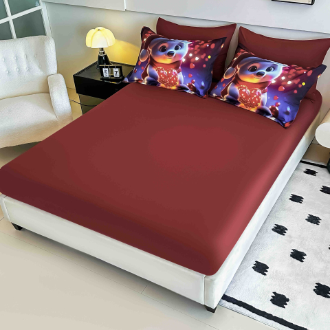 Lenjerie pat de Craciun cu elastic,pat dublu,bumbac finet,6 piese, imprimeu 5D ursuleț cu inimă luminoasă, grena-A1200 [3]