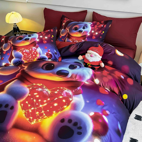 Lenjerie pat de Craciun cu elastic,pat dublu,bumbac finet,6 piese, imprimeu 5D ursuleț cu inimă luminoasă, grena-A1200 [1]